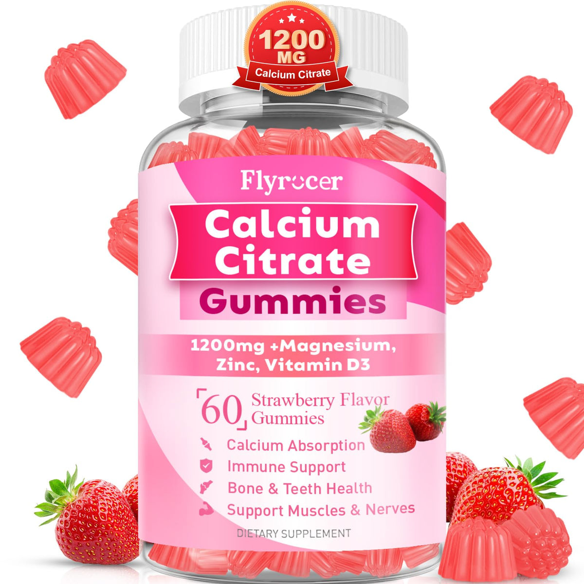 1200mg Calcium Citrate Gummies β Sugar-Free Strawberry | Bone, Teeth & Muscle Support (60 Count)