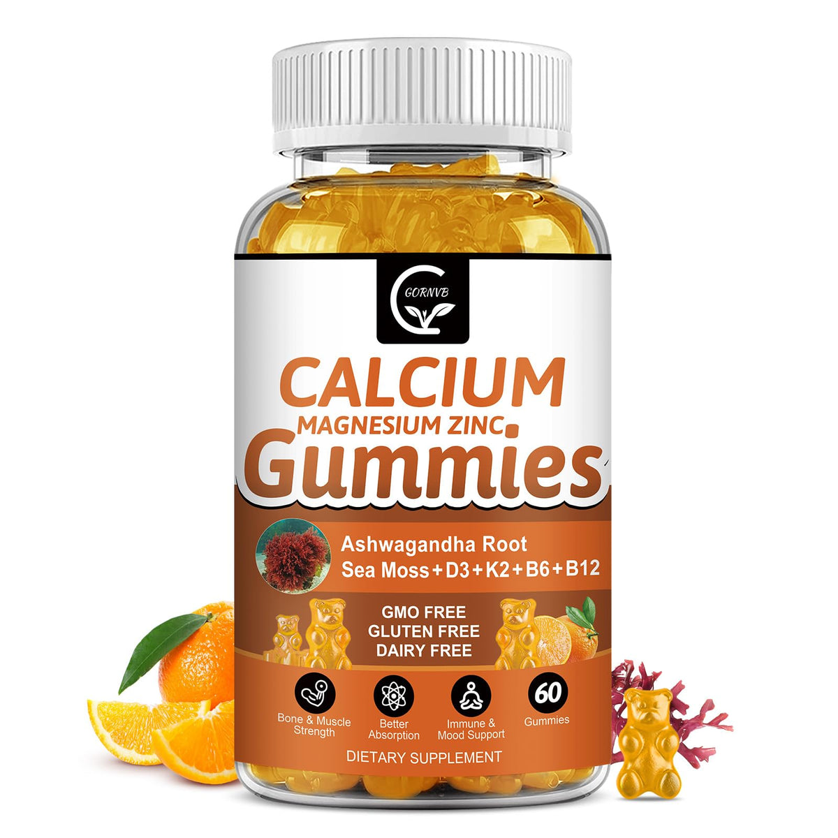 1200mg Calcium Gummies with D3, K2, B12 & B6 β Plant Complex Calcium Magnesium with Sea Moss