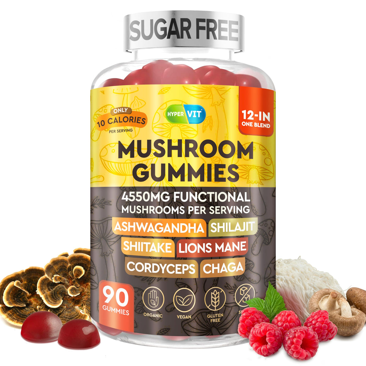 12in1 Mushroom Gummies 4550mg with Ashwagandha & Shilajit – Sugar Free, 90 Count (45 Servings) | Energy & Focus