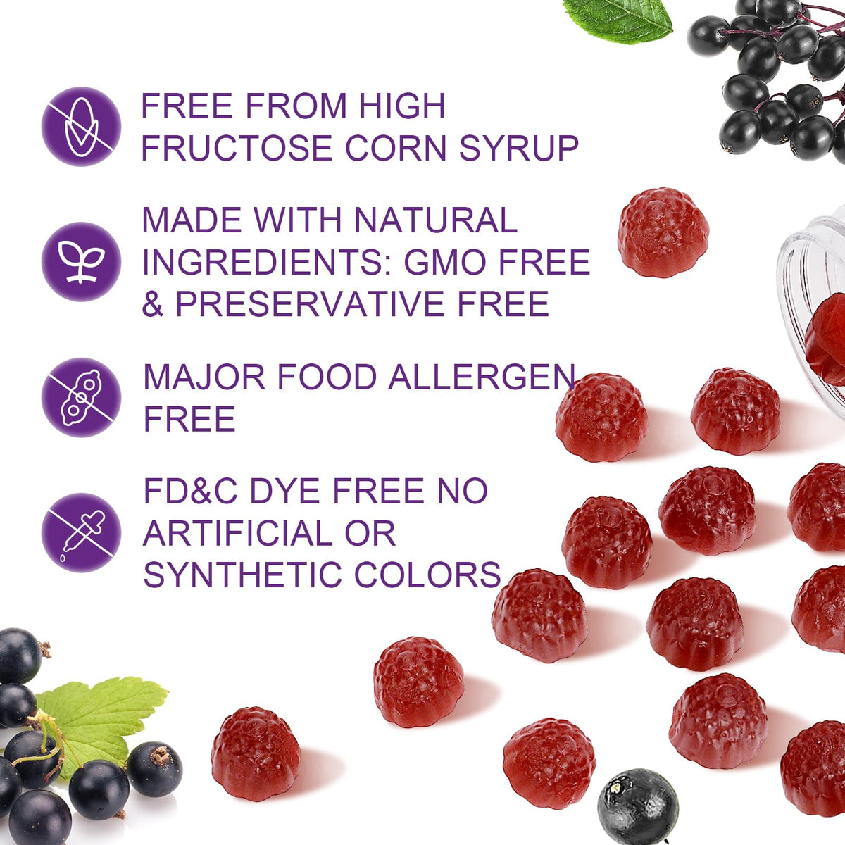 Sambucus Elderberry Gummies – دعم المناعة للبالغين والأطفال 4+، 5 في 1، غير معدل وراثيًا، خالٍ من الغلوتين