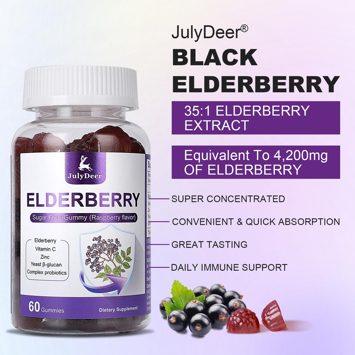Sambucus Elderberry Gummies – دعم المناعة للبالغين والأطفال 4+، 5 في 1، غير معدل وراثيًا، خالٍ من الغلوتين