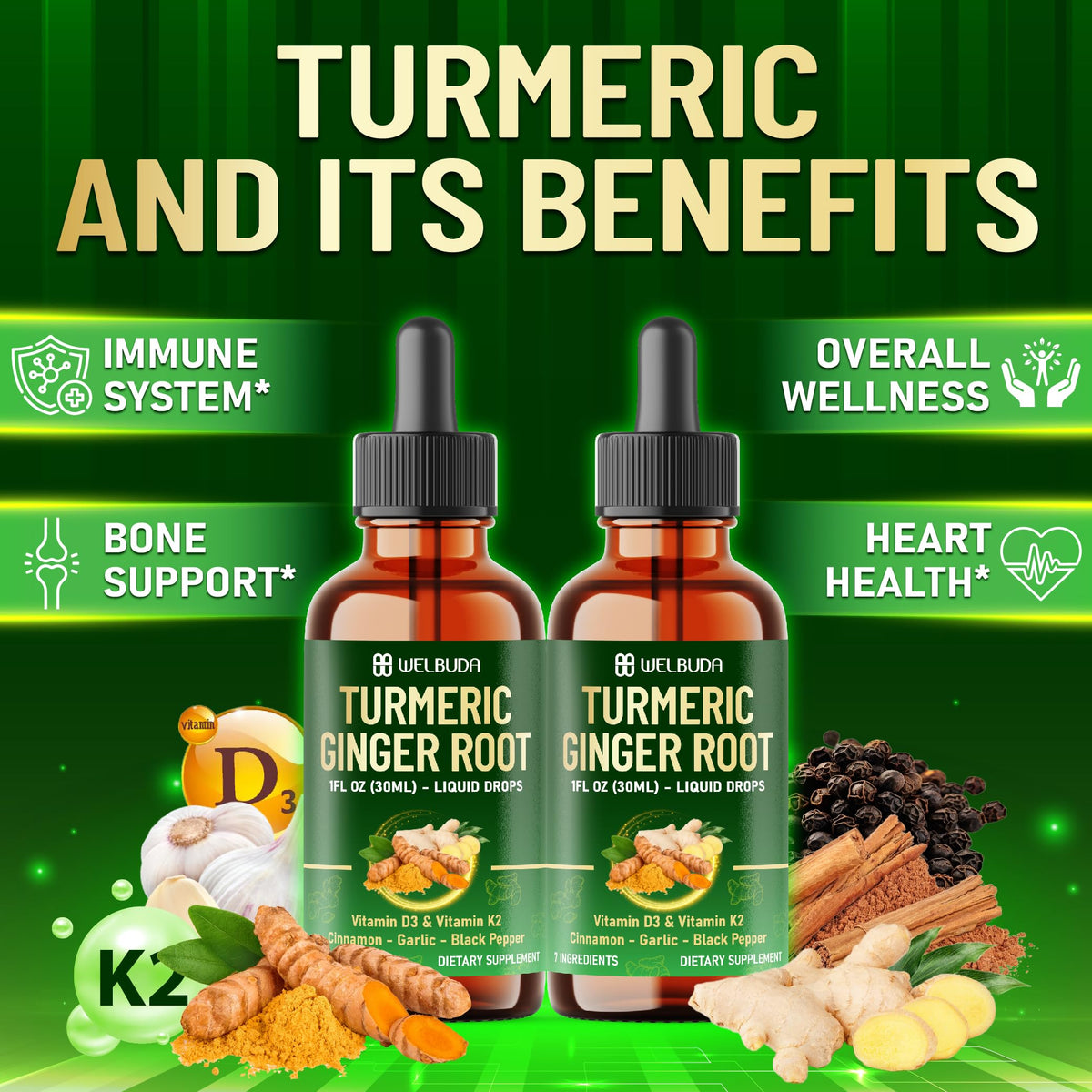 7in1 Liquid Turmeric Curcumin with D3 & K2 β 30ml Drops (2 Pack)