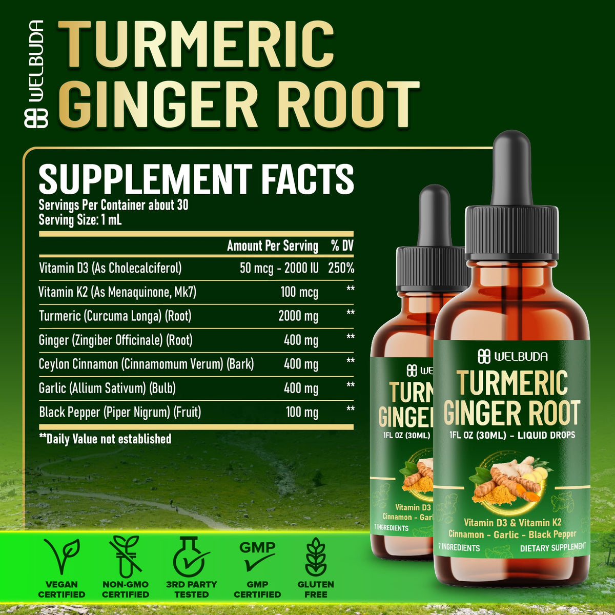 7in1 Liquid Turmeric Curcumin with D3 & K2 β 30ml Drops (2 Pack)