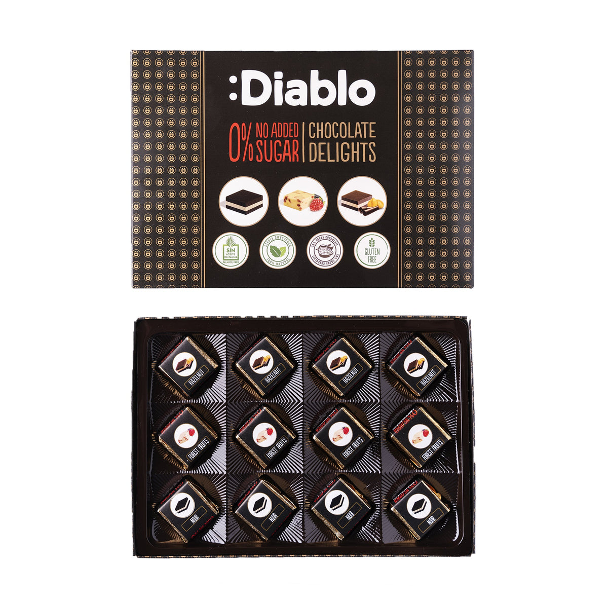 Delight No Added Sugar Chocolate Box Noir, Hazelnut, Forrest Fruit (12 pieces, 115g)