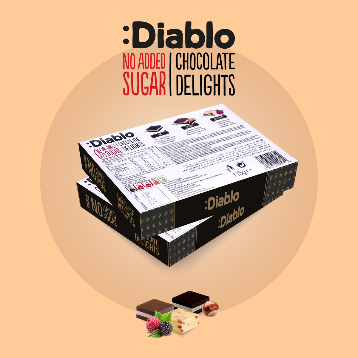 Delight No Added Sugar Chocolate Box Noir, Hazelnut, Forrest Fruit (12 pieces, 115g)