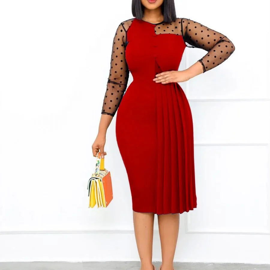 Fashion Mesh Splicing Slim Warp Hip Split Women Office Dress