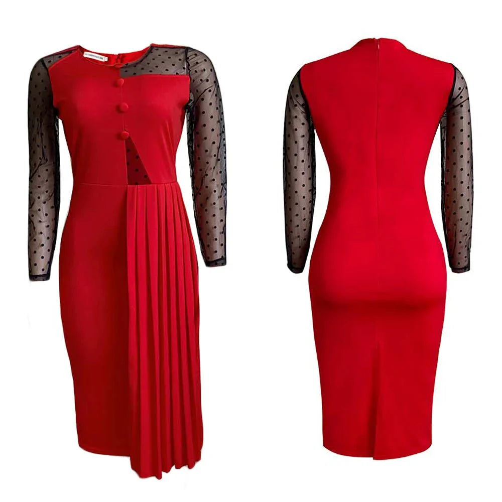 Fashion Mesh Splicing Slim Warp Hip Split Women Office Dress