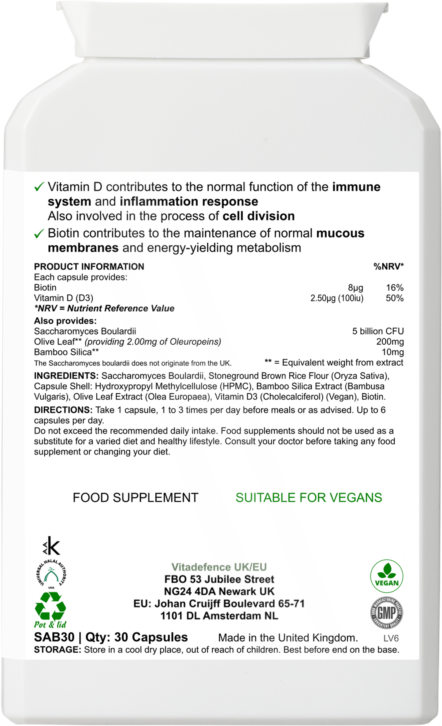 Saccharomyces Multi | With Vitamin D3, Biotin, Olive Leaf & Bamboo Silica – 30 Capsules