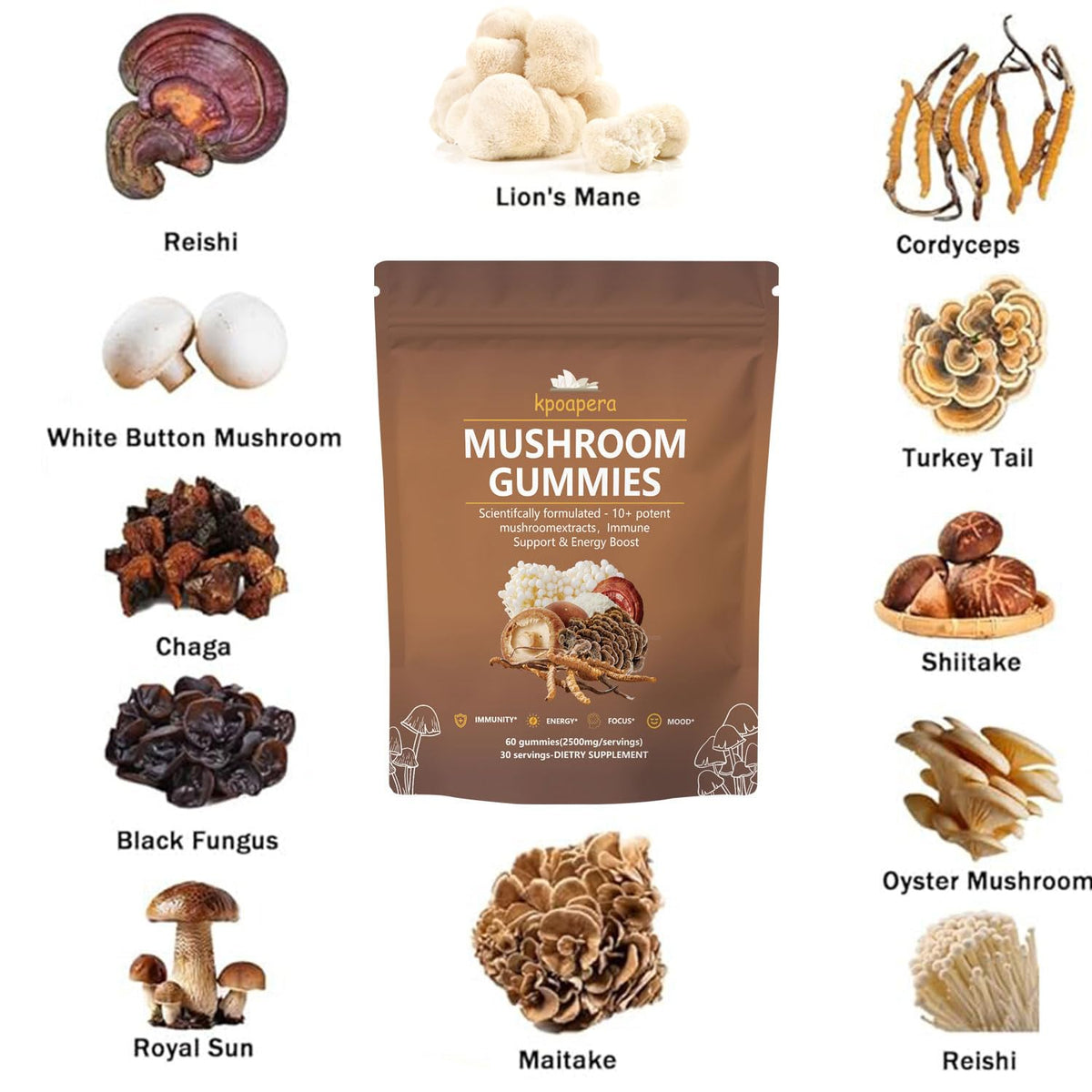 KPOAPERA Lions Mane Mushroom Gummies β 12-Mushroom Blend, 60 Chews, 2500mg/Serving, Vegan