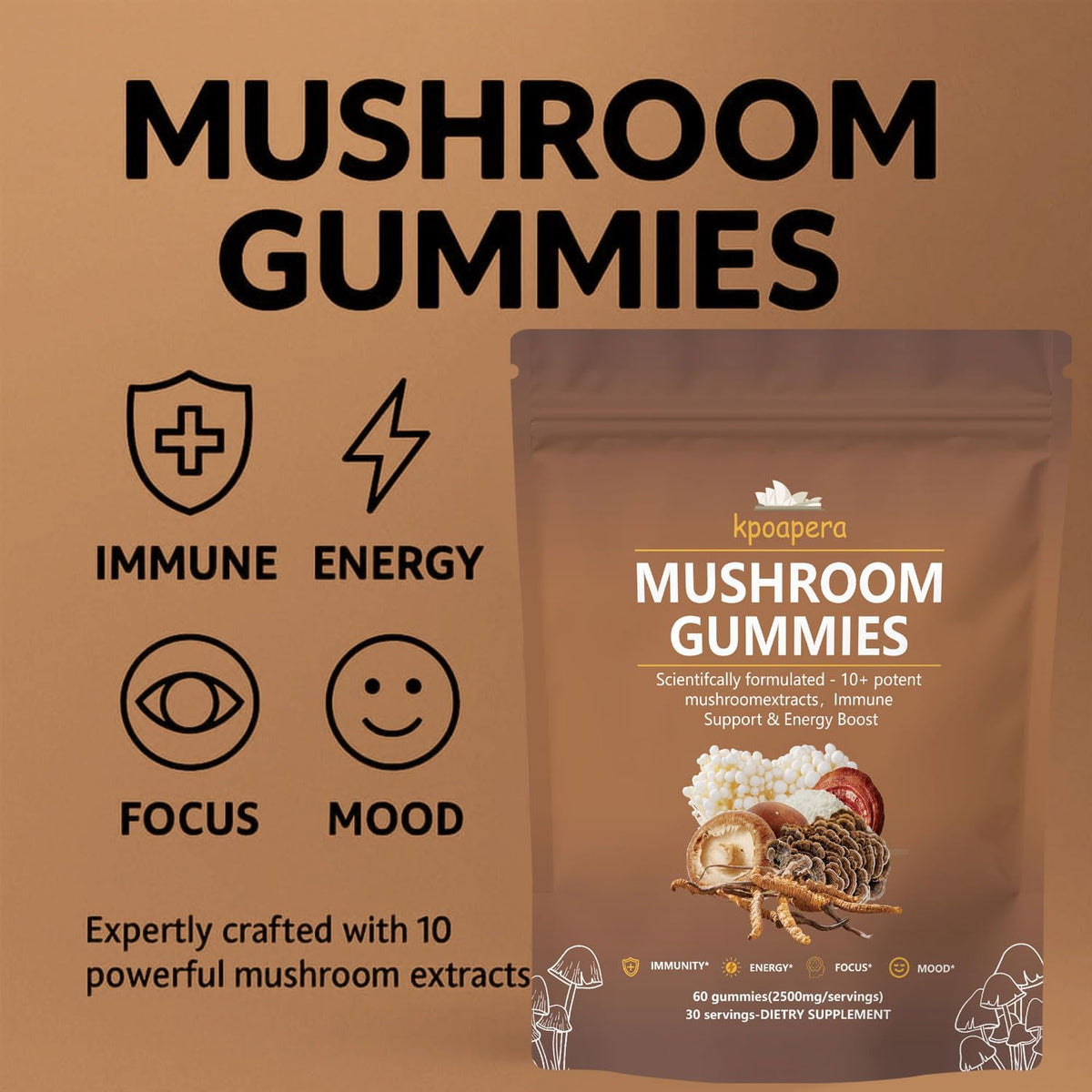 KPOAPERA Lions Mane Mushroom Gummies β 12-Mushroom Blend, 60 Chews, 2500mg/Serving, Vegan