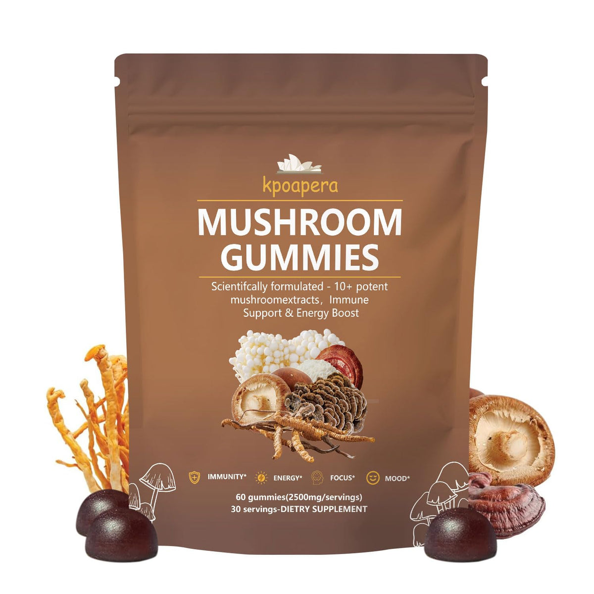 KPOAPERA Lions Mane Mushroom Gummies β 12-Mushroom Blend, 60 Chews, 2500mg/Serving, Vegan