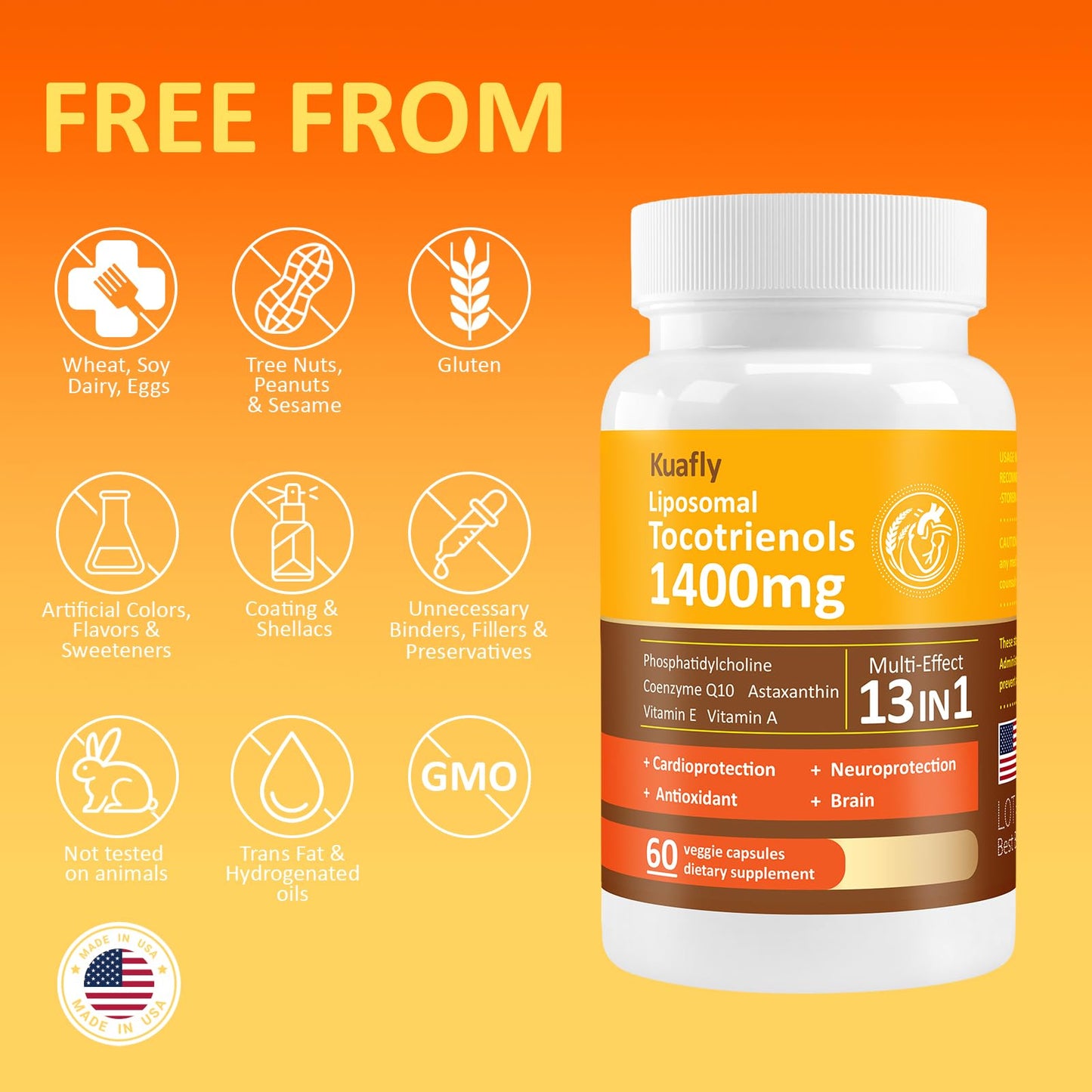 KUAFLY Liposomal Tocotrienols Vitamin E 1400mg | High Potency 60 Capsules