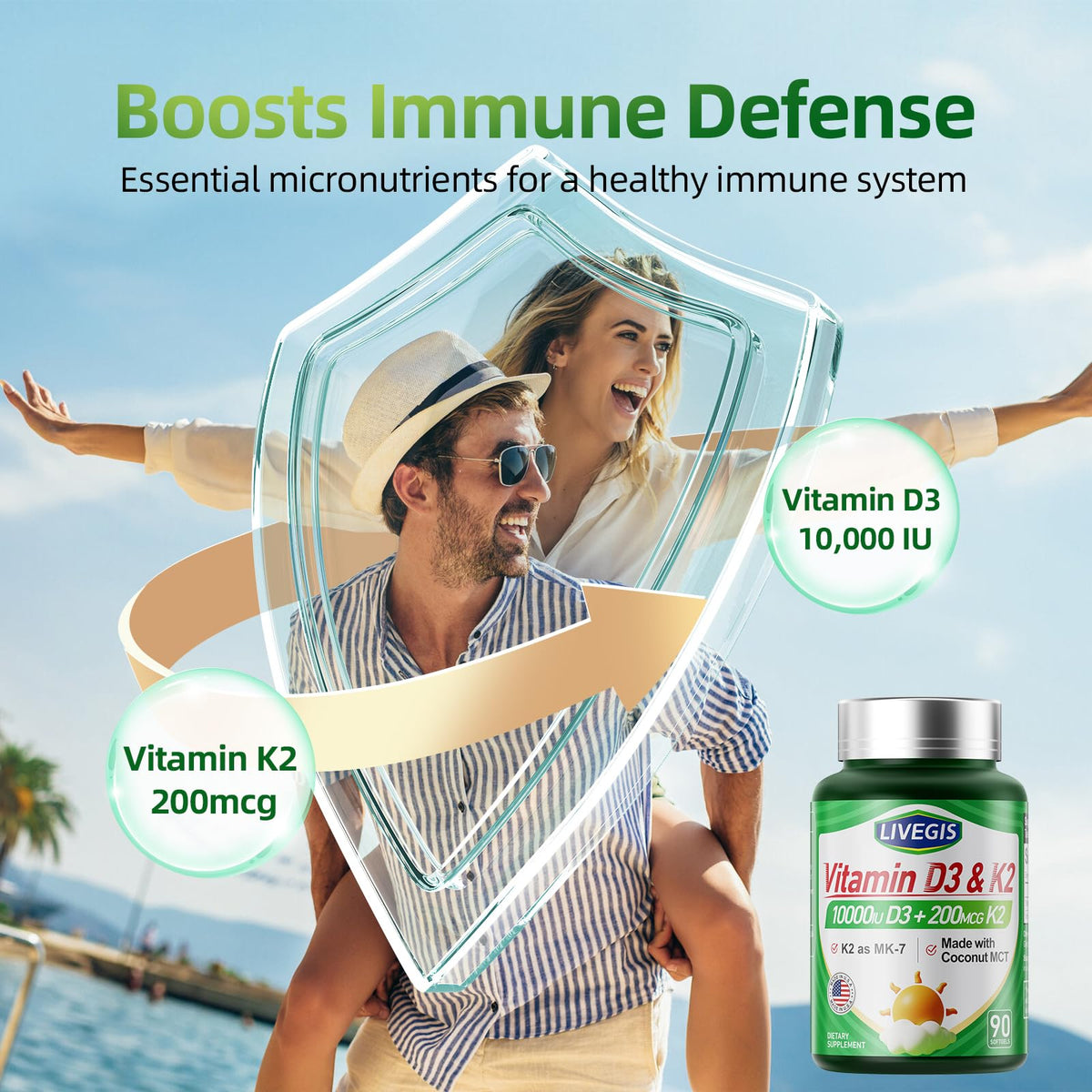 كبسولات LIVIGES Vitamin D3 K2 الهلامية - 10000 وحدة دولية D3 + 200 ميكروجرام MK-7 مع زيت جوز الهند، 90 كبسولة