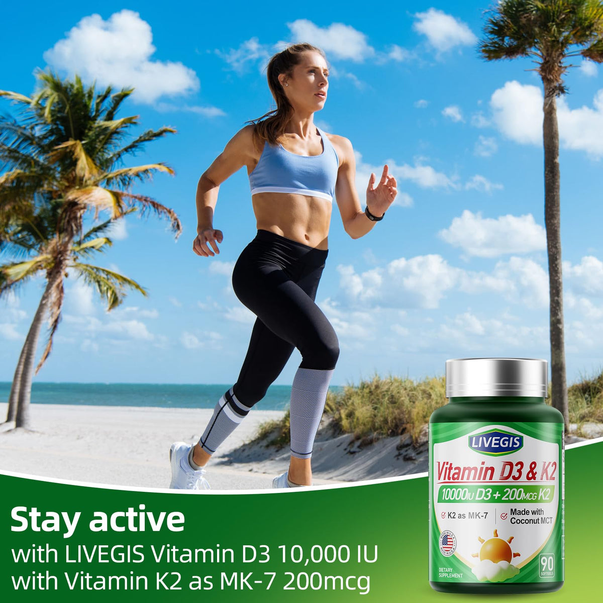 كبسولات LIVIGES Vitamin D3 K2 الهلامية - 10000 وحدة دولية D3 + 200 ميكروجرام MK-7 مع زيت جوز الهند، 90 كبسولة
