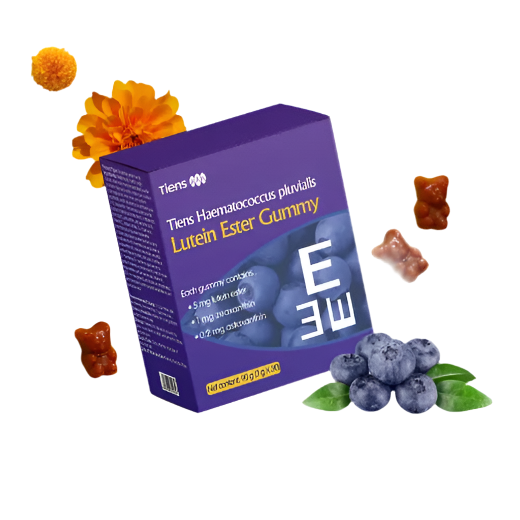 Purple box of Tians Haematococcus pluvialis Lutein Ester Gummy with gummy bears, blueberries, and flowers on a white background.