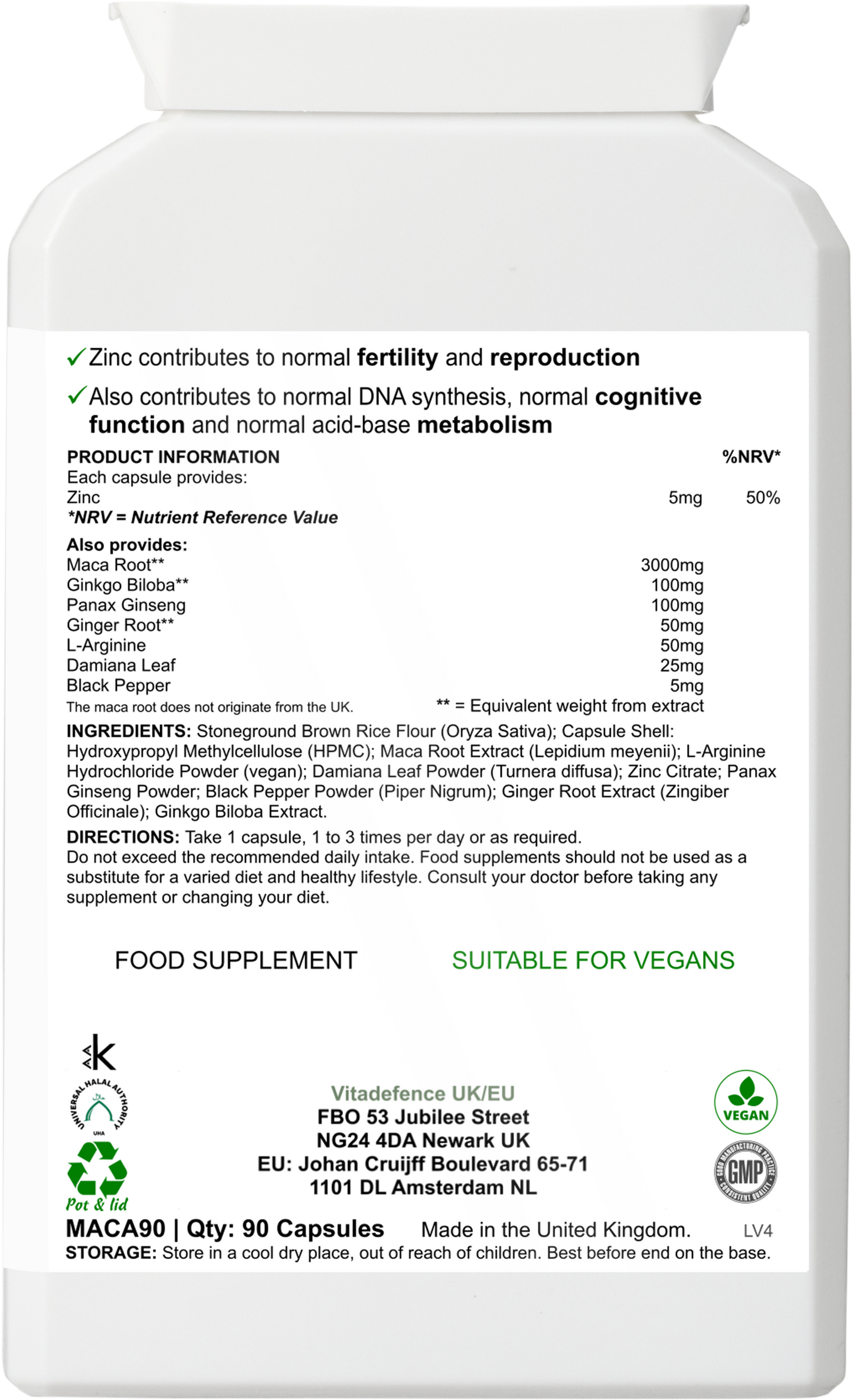 Maca Root Multi | With L-Arginine, Ginkgo Biloba & Zinc – 90 Vegan Capsules