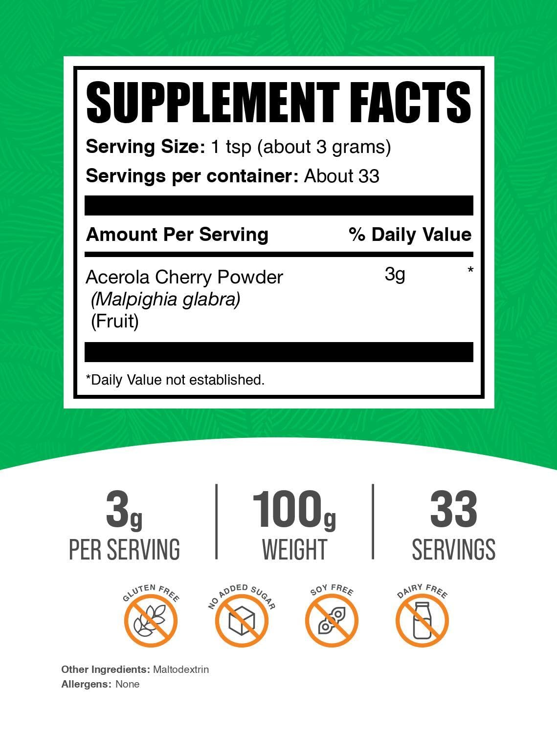 BulkSupplements.com Acerola Cherry Powder β Vitamin C, Gluten Free, 100g (3.5 oz) β 3g Serving