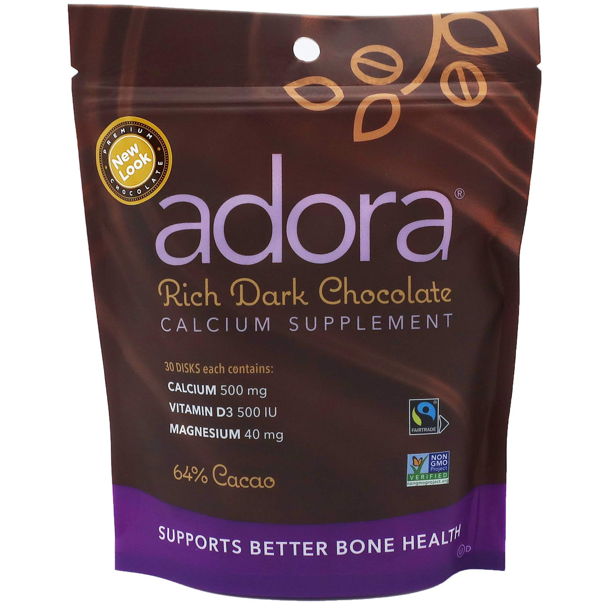 Adora Calcium Supplement Disk β Organic Dark Chocolate, 30 Count | 500 mg Calcium