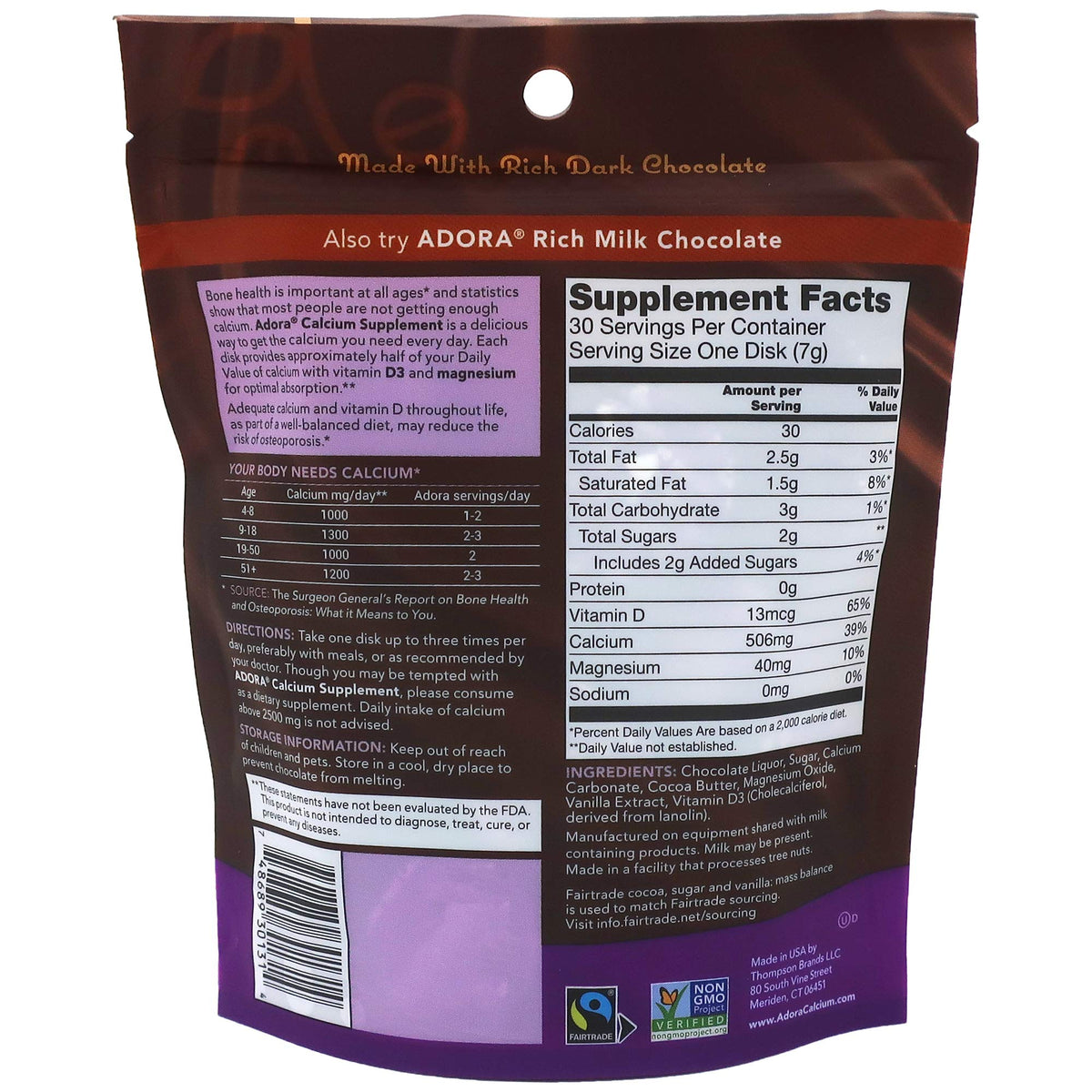 Adora Calcium Supplement Disk β Organic Dark Chocolate, 30 Count | 500 mg Calcium