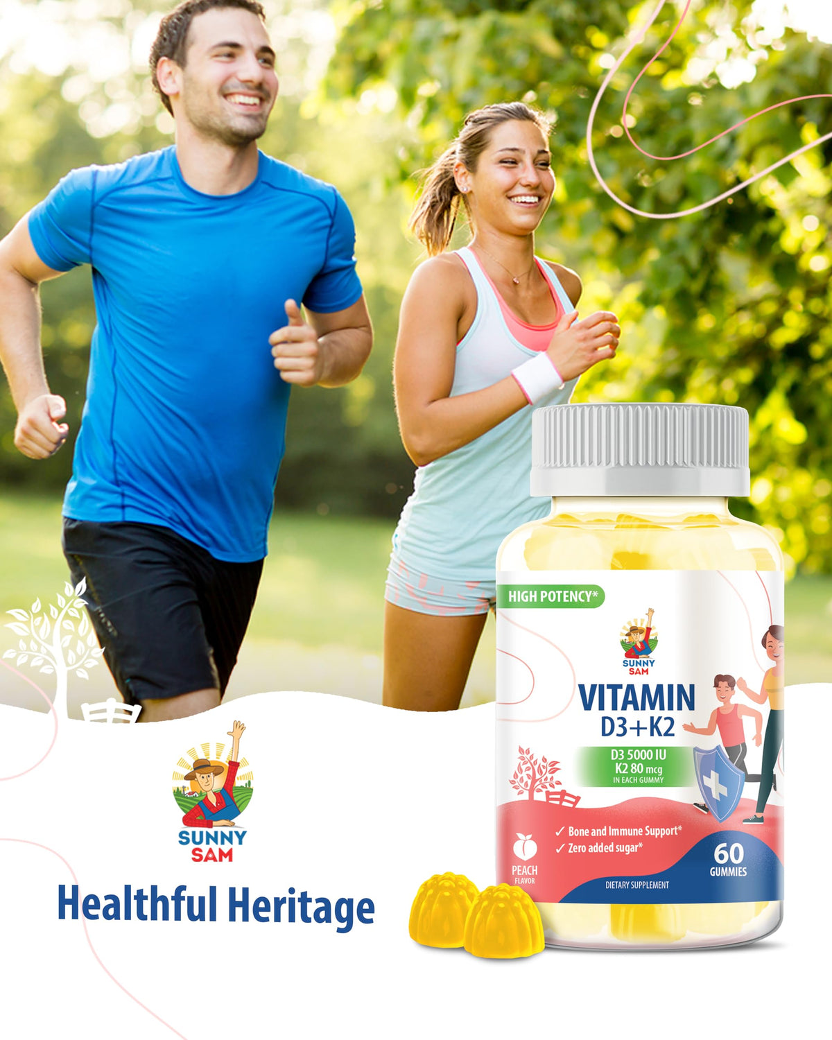 Sugar-Free Vitamin D3 K2 Gummies 5000 IU β Immune & Bone Support for Adults | Vegan, Halal, Gluten-Free