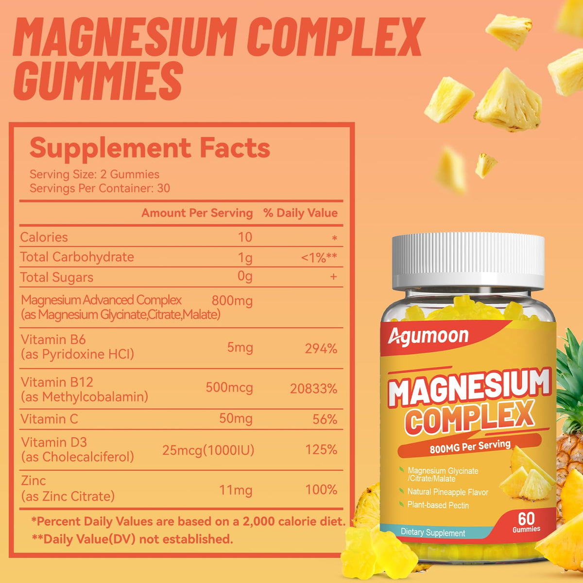 Agumoon Magnesium Gummies 800mg with Zinc & B Vitamins β Pineapple, 120 Count | Non-GMO, Gluten-Free