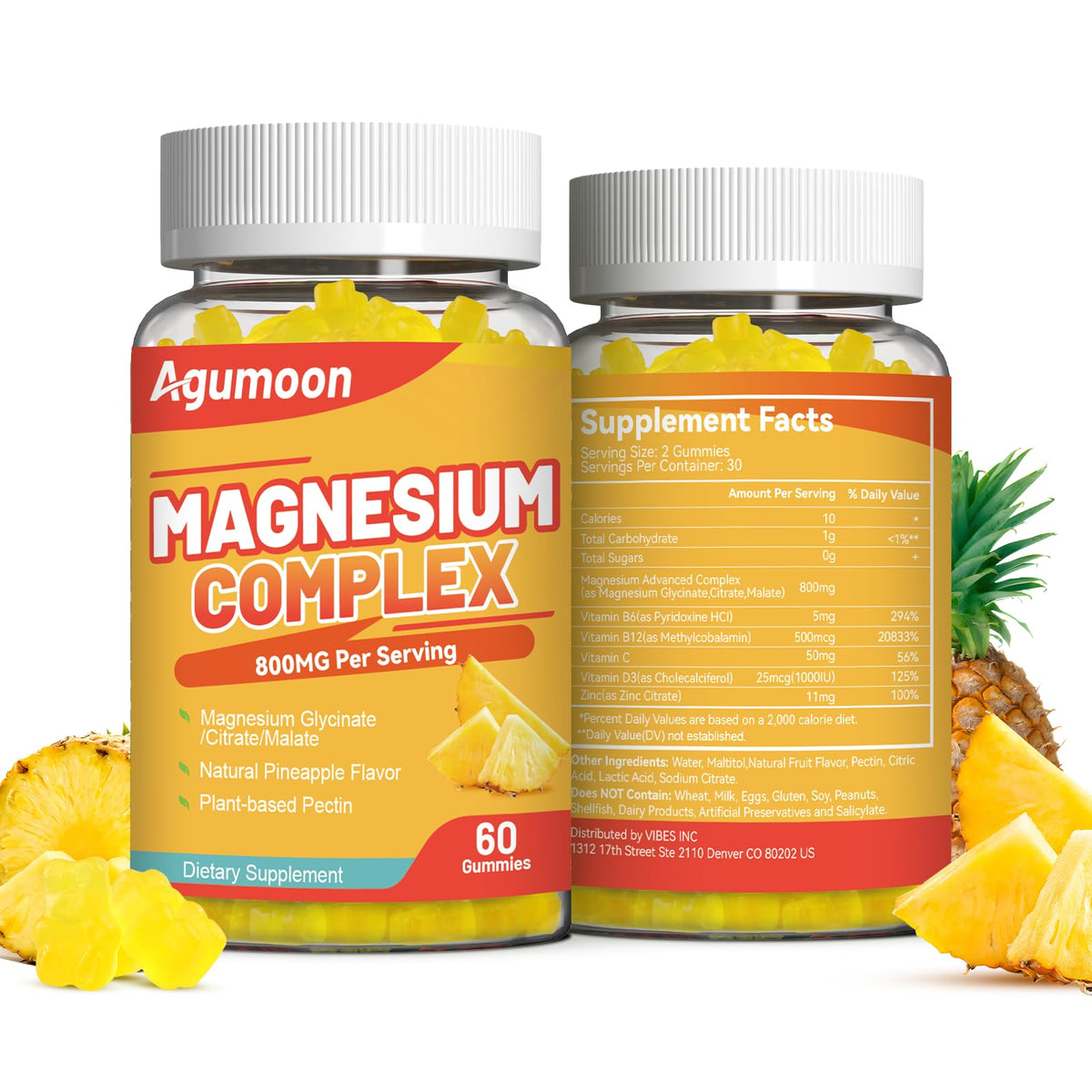 Agumoon Magnesium Gummies 800mg with Zinc & B Vitamins β Pineapple, 120 Count | Non-GMO, Gluten-Free