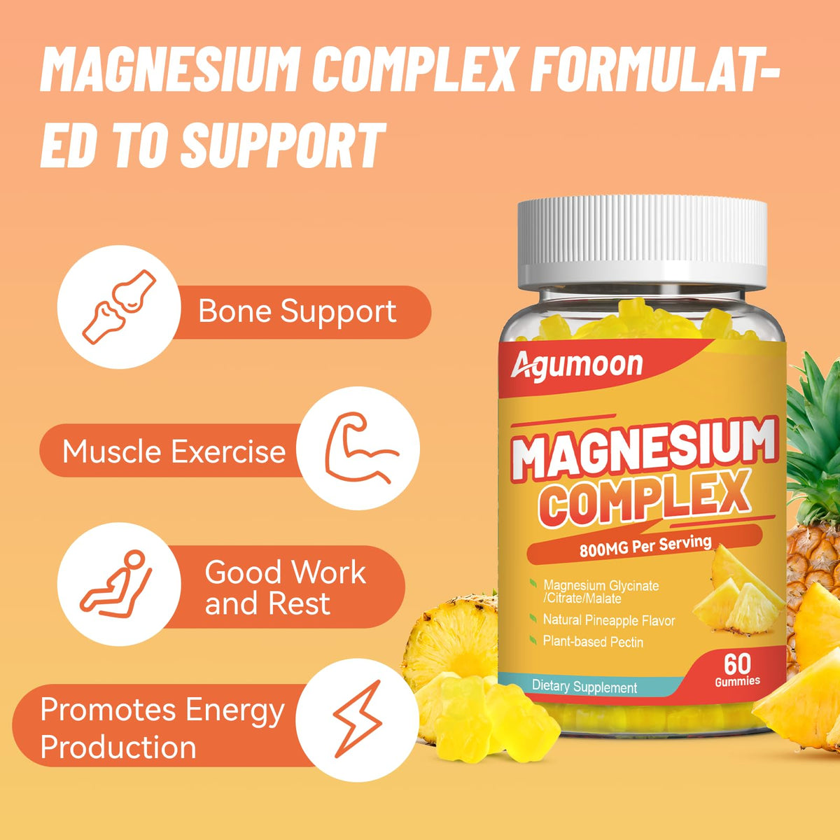 Agumoon Magnesium Gummies 800mg with Zinc & B Vitamins β Pineapple, 120 Count | Non-GMO, Gluten-Free