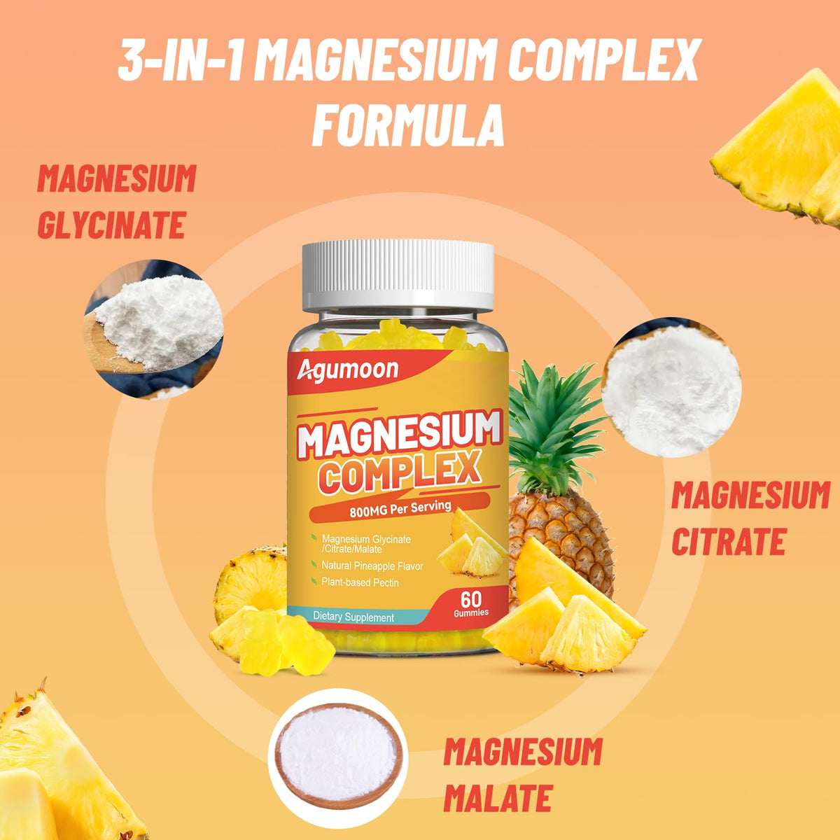 Agumoon Magnesium Gummies 800mg with Zinc & B Vitamins β Pineapple, 120 Count | Non-GMO, Gluten-Free