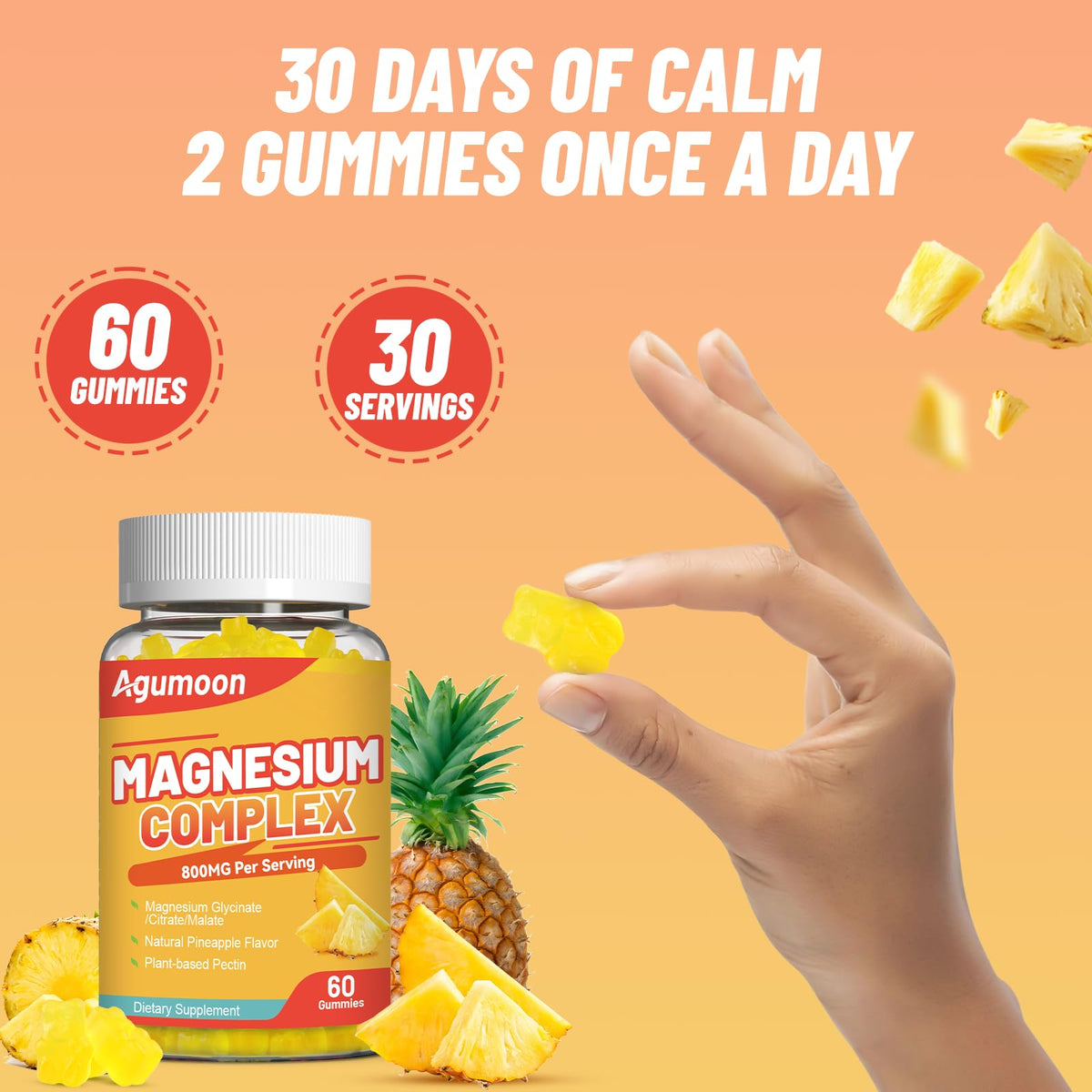 Agumoon Magnesium Gummies 800mg with Zinc & B Vitamins β Pineapple, 120 Count | Non-GMO, Gluten-Free