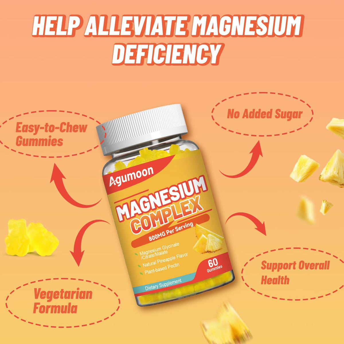 Agumoon Magnesium Gummies 800mg with Zinc & B Vitamins β Pineapple, 120 Count | Non-GMO, Gluten-Free