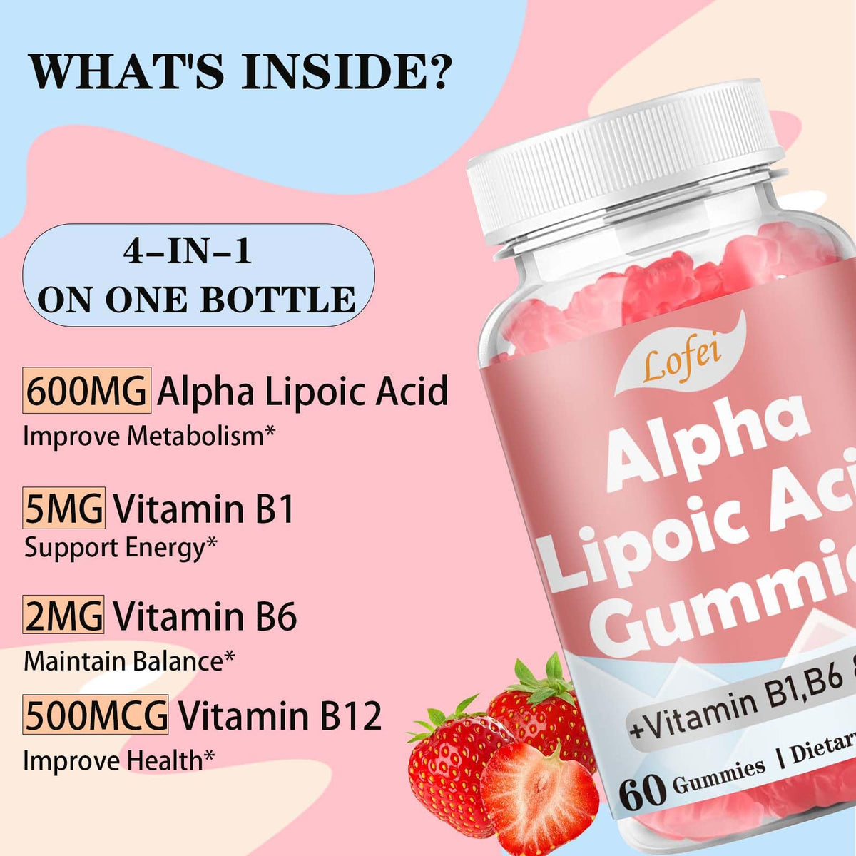 Alpha Lipoic Acid Gummies 600mg with Vitamin B1 B6 & B12 β Sugar Free, Vegan, Gluten-Free, Non-GMO | Raspberry Flavor, 60 Gummies