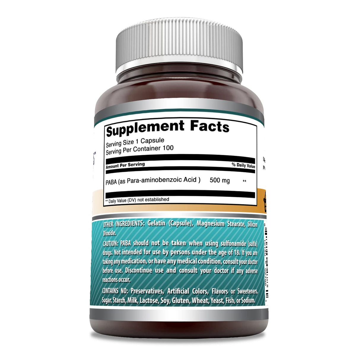 Amazing Formulas PABA 500 Mg Supplement β 100 Capsules, Non-GMO, Gluten-Free, Made in USA