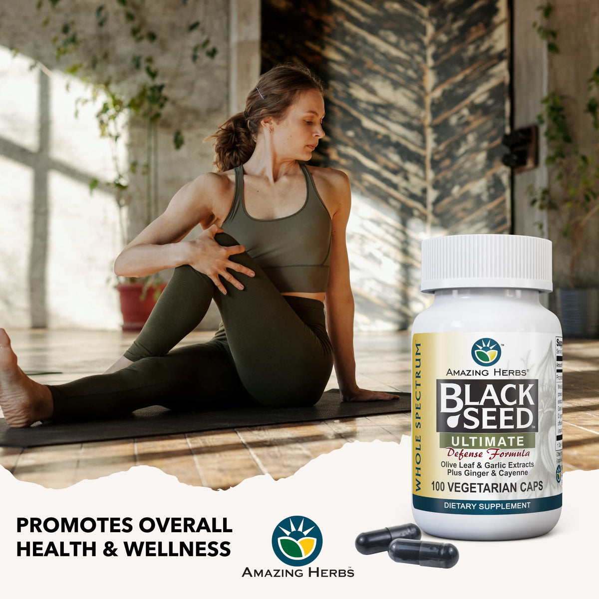 Amazing Herbs Whole Spectrum Black Seed Ultimate – Vegetarian Capsules (Olive Leaf, Garlic, Ginger, Cayenne) – Gluten Free & Vegan – 100 Count