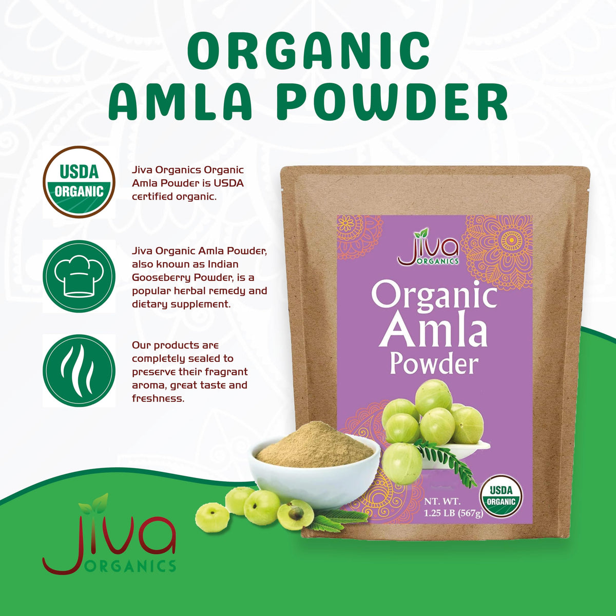 مسحوق أملا عضوي 1.25 رطل – أمالاكي نقي، مختبر معمليًا، خالٍ من الغلوتين | Jiva Organics