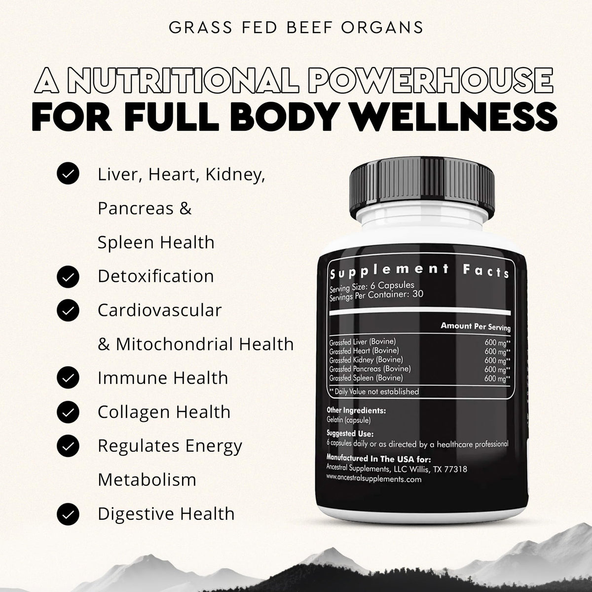Ancestral Supplements Grass-Fed Beef Organs β Liver, Heart, Kidney, Pancreas, Spleen | 180 Capsules