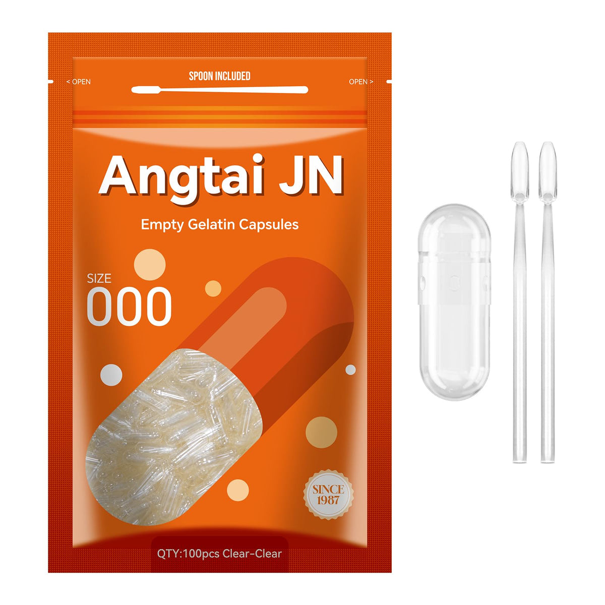 Angtai JN Empty Gelatin Capsules Size 000 β Pure Bovine, Gluten Free, Non-GMO, Halal Certified (100 Count) with 2 Spoons