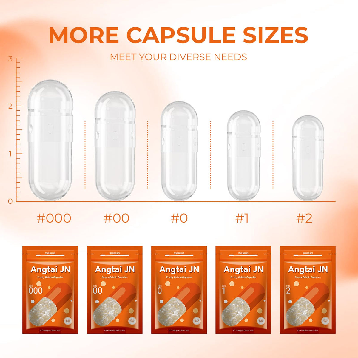 Angtai JN Empty Gelatin Capsules Size 000 β Pure Bovine, Gluten Free, Non-GMO, Halal Certified (100 Count) with 2 Spoons