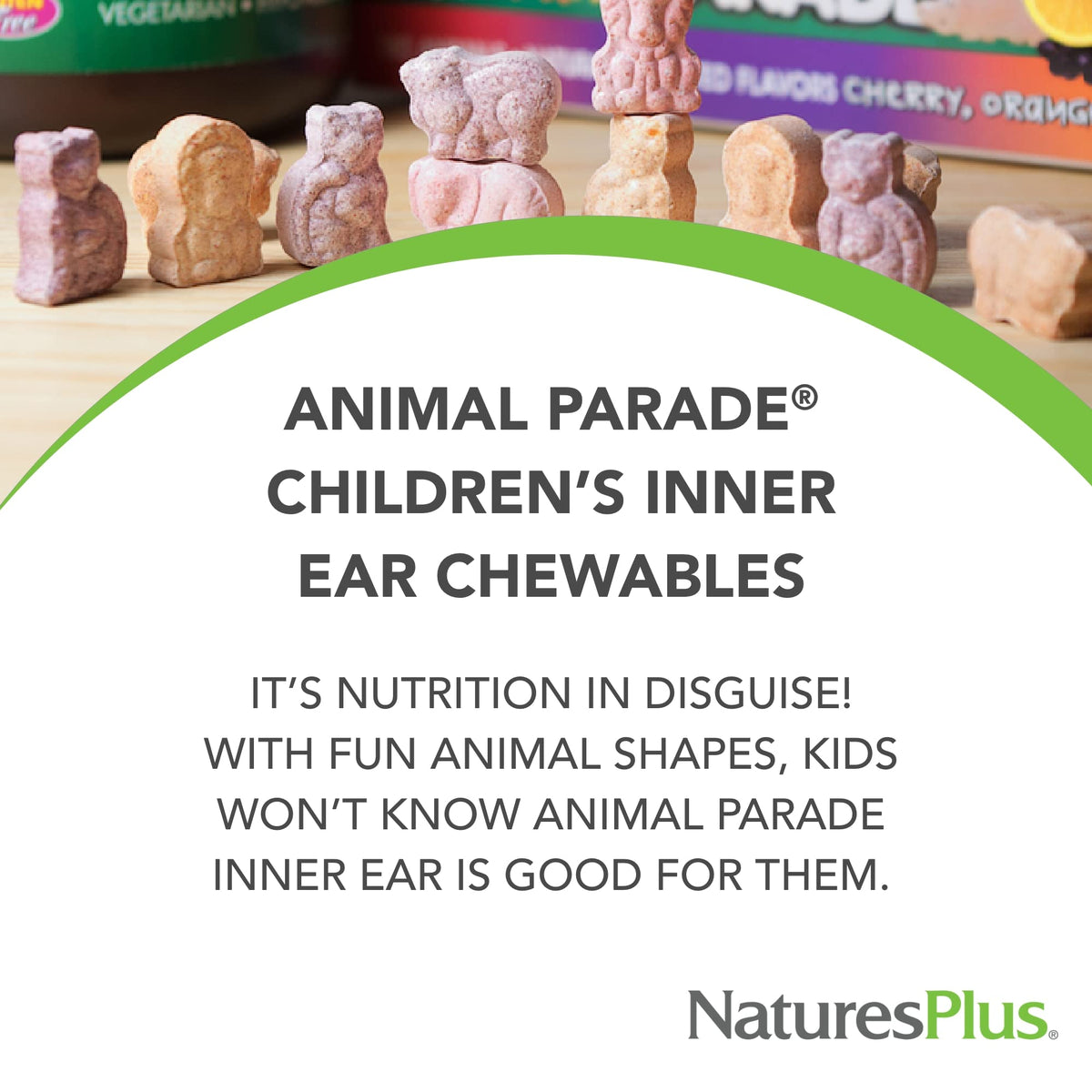 Natures Plus Animal Parade Inner Ear Support – أقراص بروبيوتيك للمضغ للأطفال (كرز، 90 قرصًا)