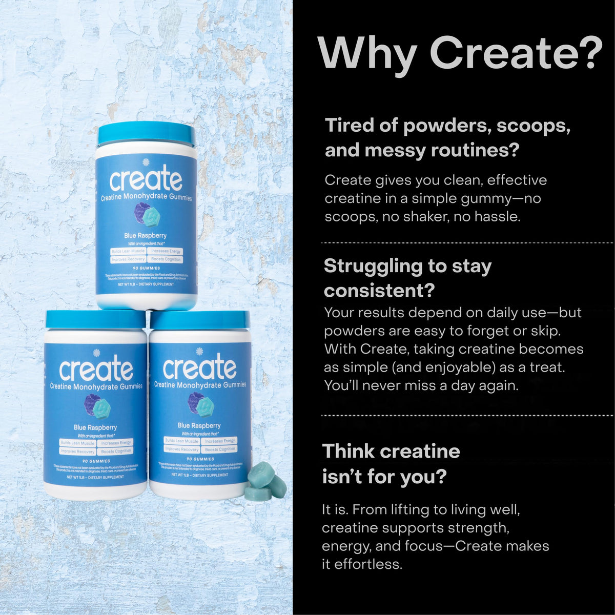 Create Creatine Monohydrate Gummies β 1.5g per Gummy, Vegan, Anti-Melting