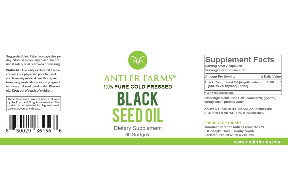 Antler Farms Black Seed Oil Softgels β 60 Softgels, 500mg, 2% Thymoquinone, Virgin Cold-Pressed Turkish Nigella Sativa