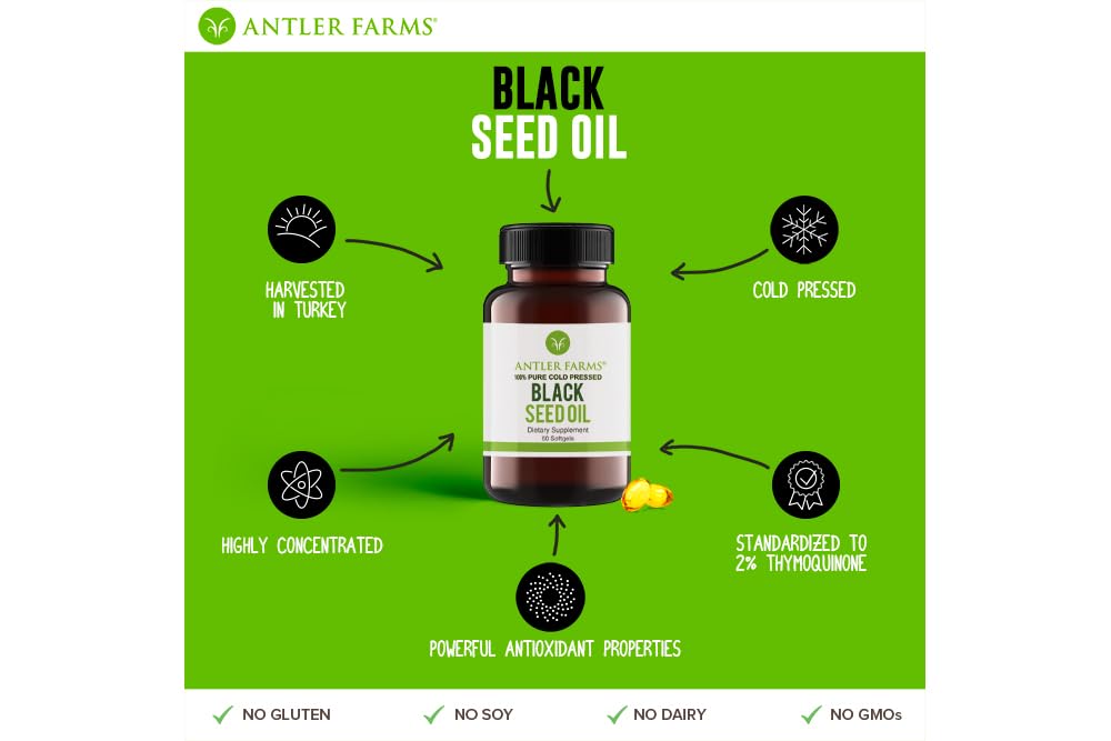 Antler Farms Black Seed Oil Softgels β 60 Softgels, 500mg, 2% Thymoquinone, Virgin Cold-Pressed Turkish Nigella Sativa