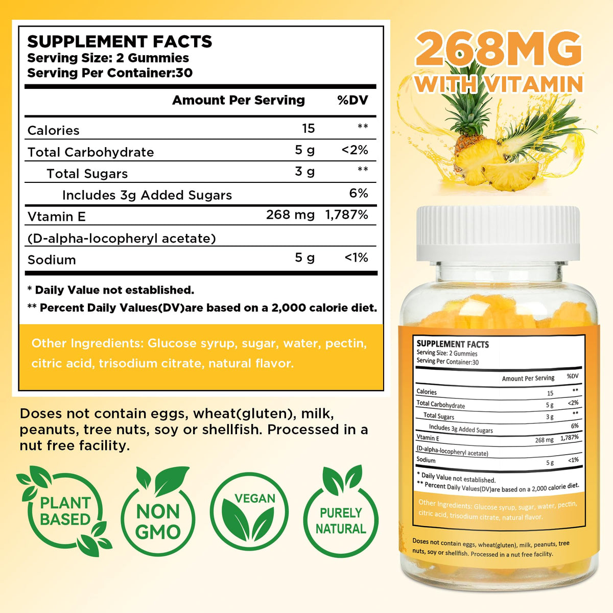 Aromlife Vitamin E 400 IU Gummies β 268 mg per Serving, Pineapple Flavor, 60 Count, Gluten-Free