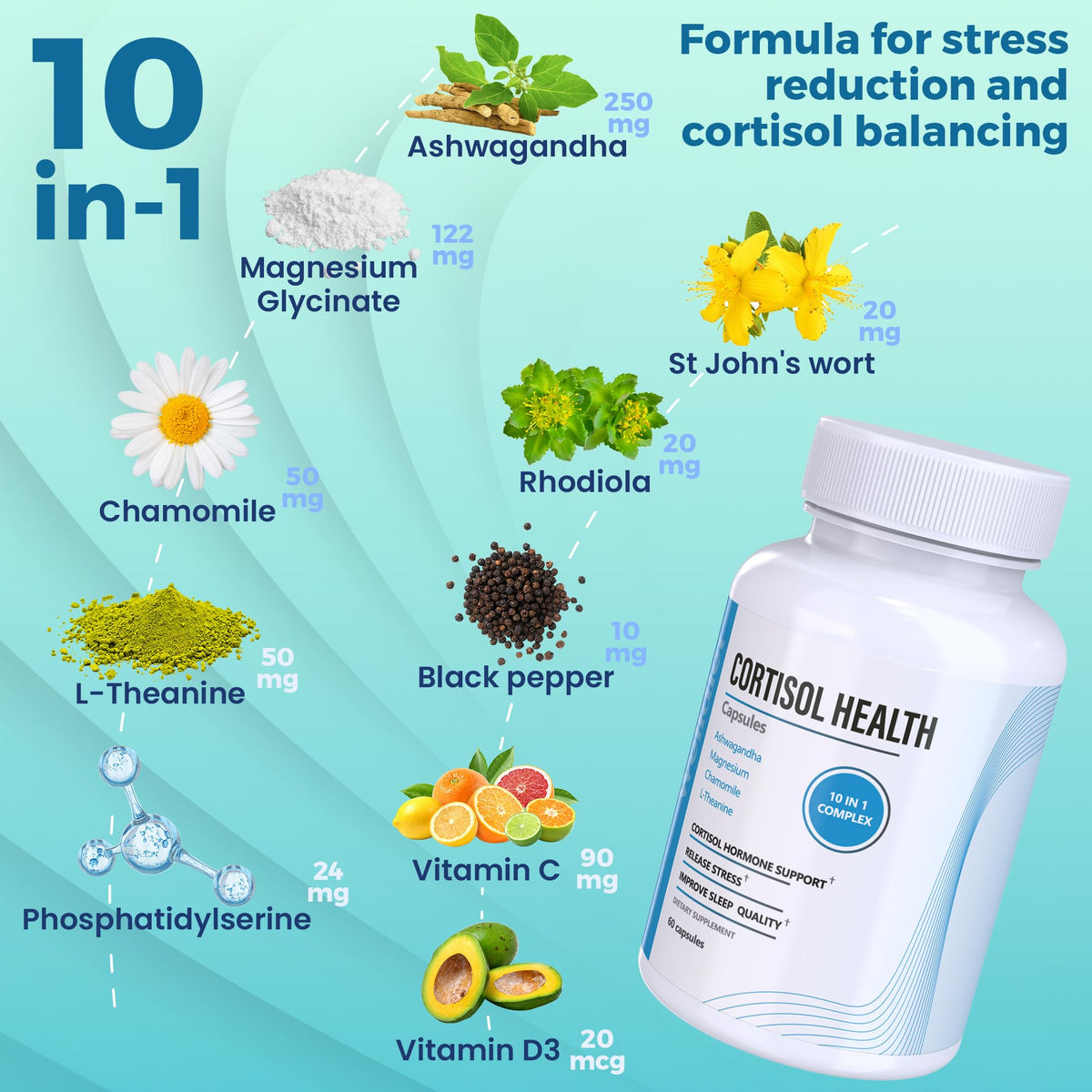 10-in-1 Cortisol Support with Magnesium & Ashwagandha β 60 Capsules