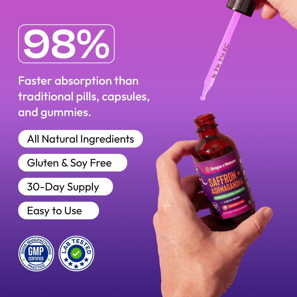 Ashwagandha & Saffron Supplement with KSM-66 β Vegan, Gluten-Free (60ml) β Mixed Berry