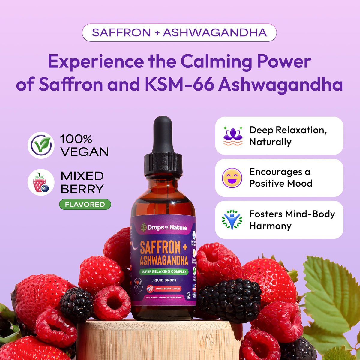 Ashwagandha & Saffron Supplement with KSM-66 β Vegan, Gluten-Free (60ml) β Mixed Berry