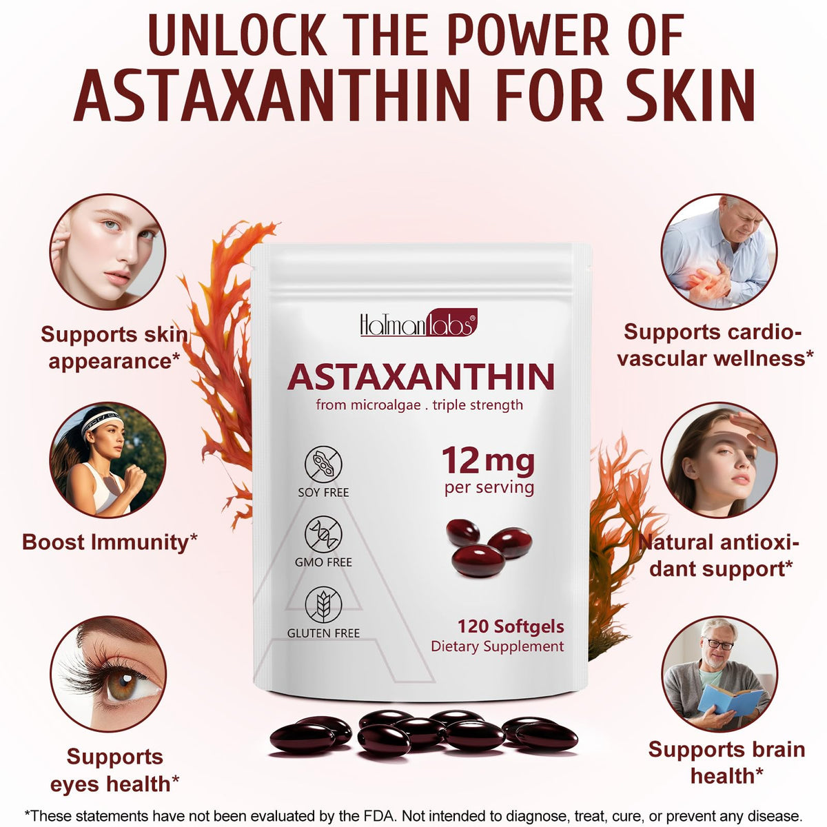 Astaxantina 12mg Softgel – Antiossidante a Tripla Concentrazione per Supporto di Occhi, Pelle, Cervello e Immunità | 120 Capsule