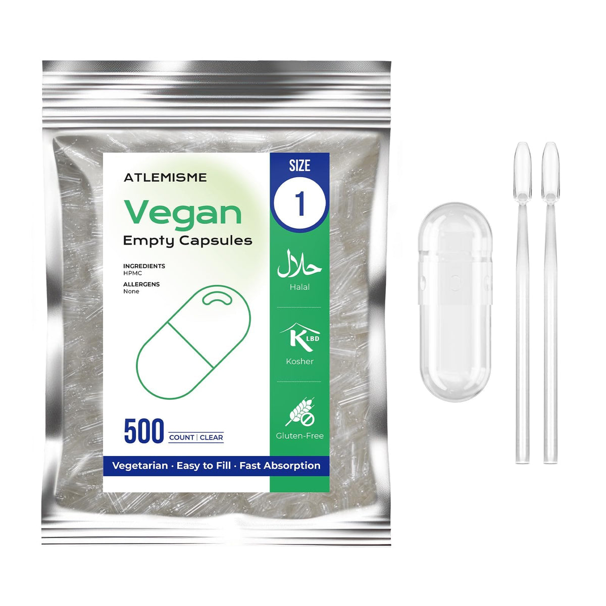 ATLEMISME Empty Vegan Capsules Size 1 β 500-Count DIY Capsules for Filling | Includes 2 Micro Lab Spoons