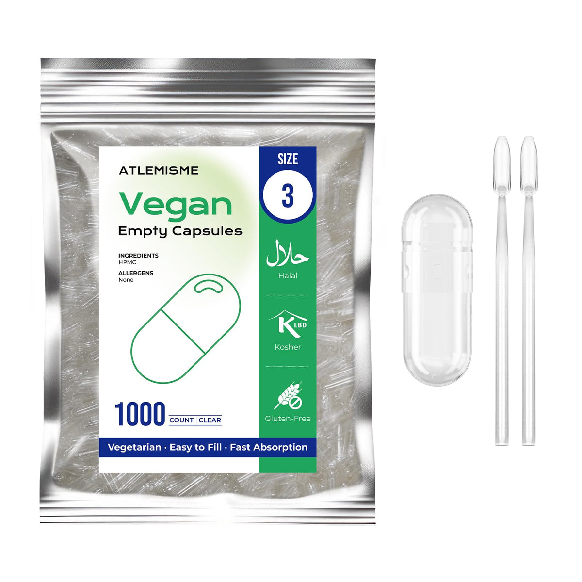 ATLEMISME Capsule Vuote Vegane Misura 3 – Confezione da 1000 Pezzi | Riempimento Fai da Te delle Capsule