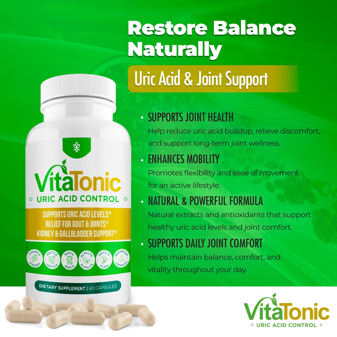 Vitatonic Uric Acid Balancing Aid β AURA VITAMINS | Joint Care Detox for Men & Women | Gluten-Free, GMO-Free | 60 Capsules