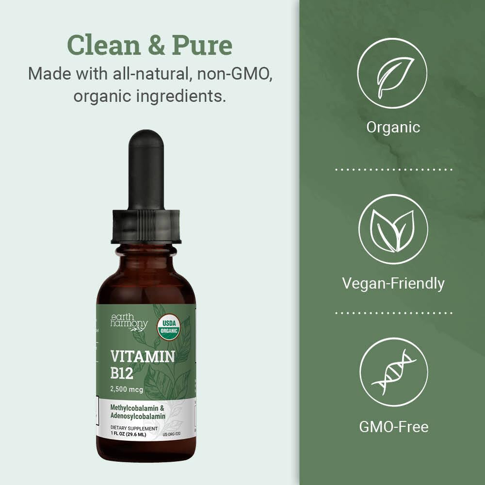 Earth Harmony Naturals عضوي نباتي سائل B12 تحت اللسان 2500 ميكروغرام